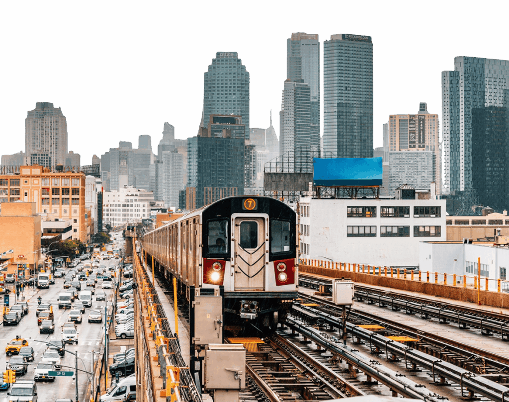 Elevated train and city